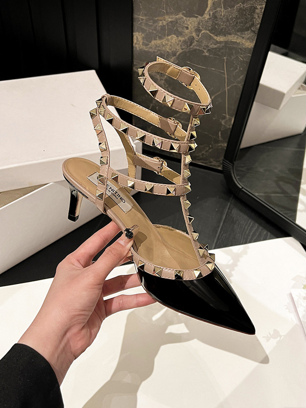 2023V New Summer Rivet Pointed Toe High Heels Women's Willow Genuine Leather Straps Shallow Mid-Heel Lace-Up Sandals