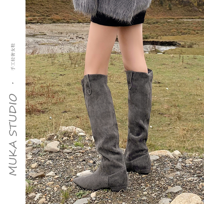 【Muka】High-Gloss Cowhide French-Style Lazy Slouch Boots for Women, Knee-High Boots, Pointed-Toe Flat Long Boots