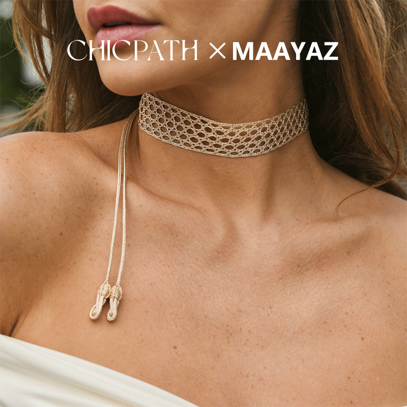 MAAYAZ Moroccan niche choker, aristocratic woven SFIFA gold thread necklace, exuding a sophisticated resort vibe.
