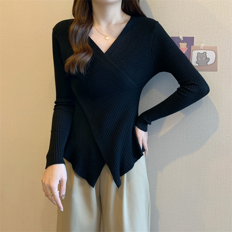 Large size women's knitted sweater cross V-neck bottoming top autumn and winter fat mm slim fit long-sleeved T-shirt with sweater inside
