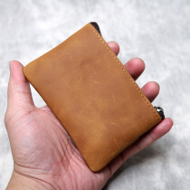Retro Crazy Horse Leather Zipper Short Small Wallet Mens Ultra-thin Leather Small Coin Purse First Layer Leather Coin Card Holder Women