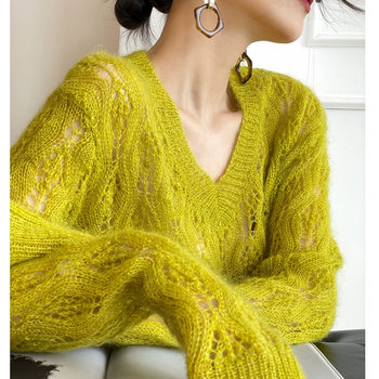 French mohair hollow v-neck sweater women's thin loose lazy style gentle early autumn outer top