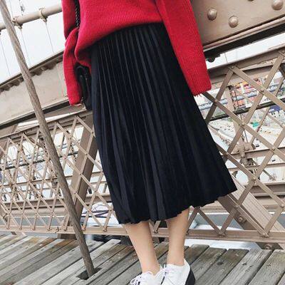 Maternity skirt Autumn and winter gold velvet a word long skirt pleated skirt half skirt support belly in the long style of tide mom spring and autumn
