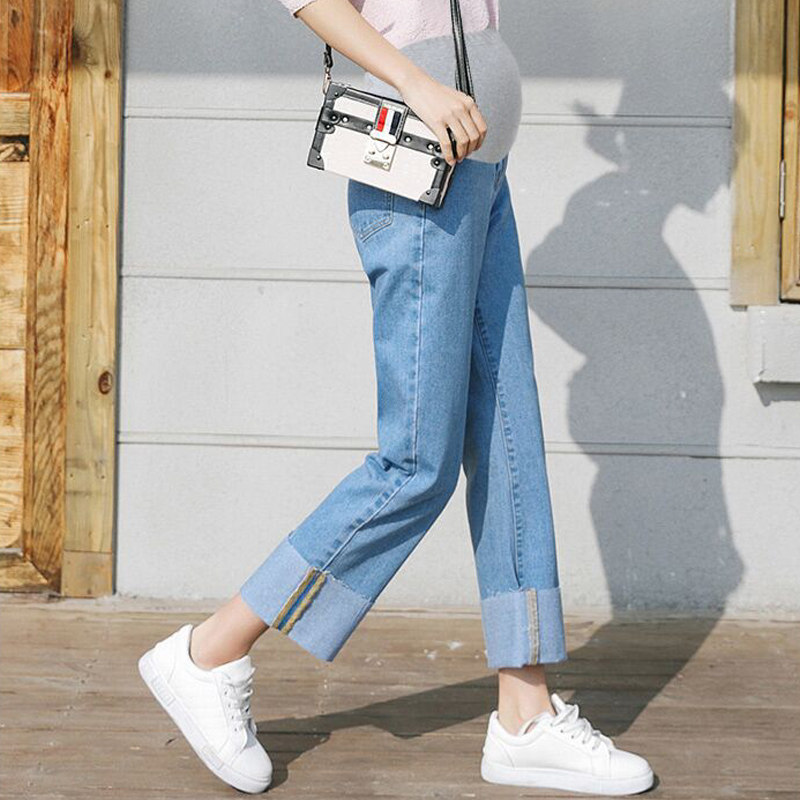 Pregnant Woman Pants Spring Fall Outside Wearing Jeans Straight Barrel Wide Pants Trousers Long Pants Smoke Pipe Women 90% New Thin-to-Care