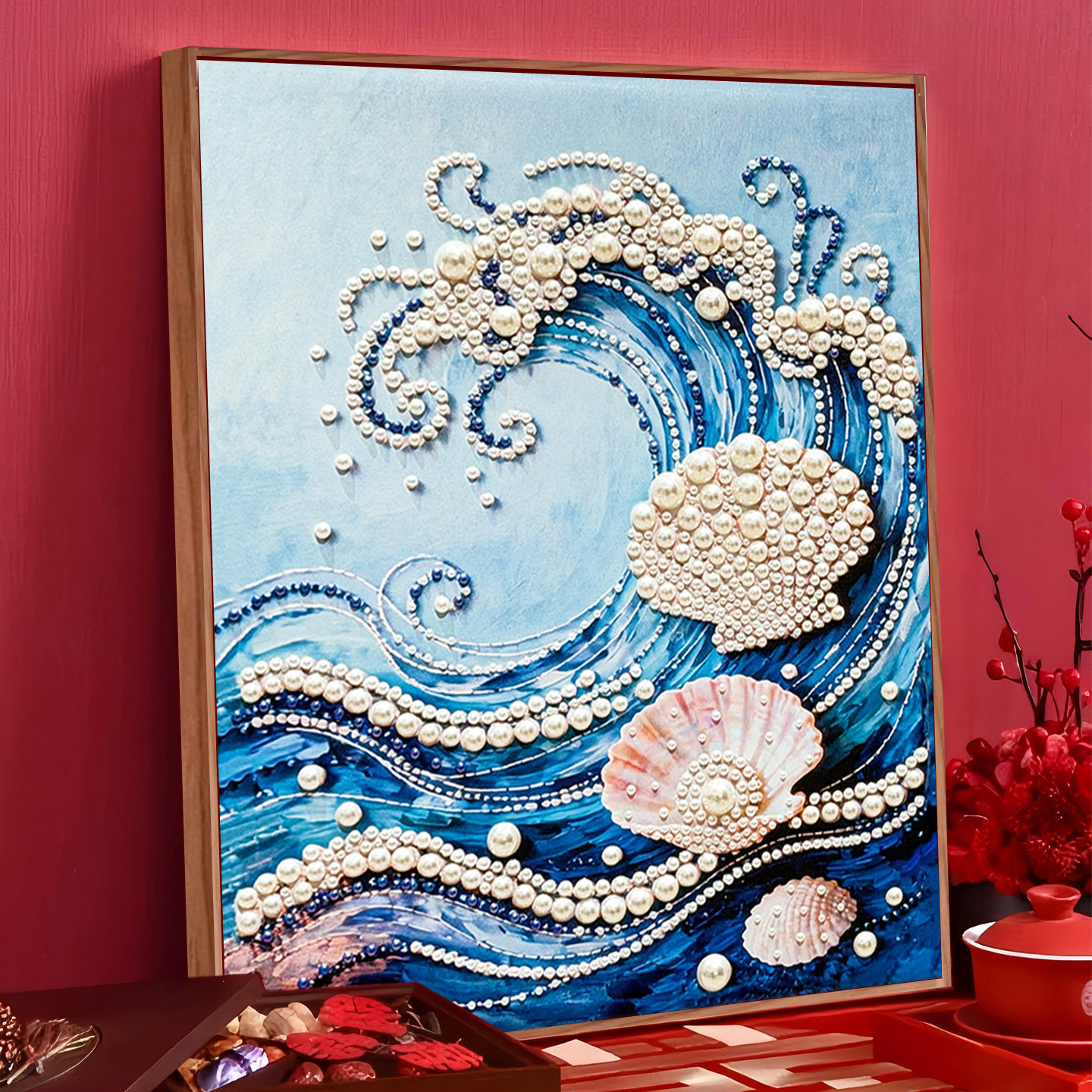 海边海浪珍珠画diy简单手工粘钻石创意摆件送朋友寓意好装饰画