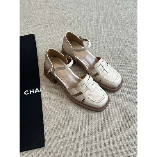 超软小羊皮~白色包头凉鞋女夏2025新款真皮罗马粗跟高跟法式单鞋