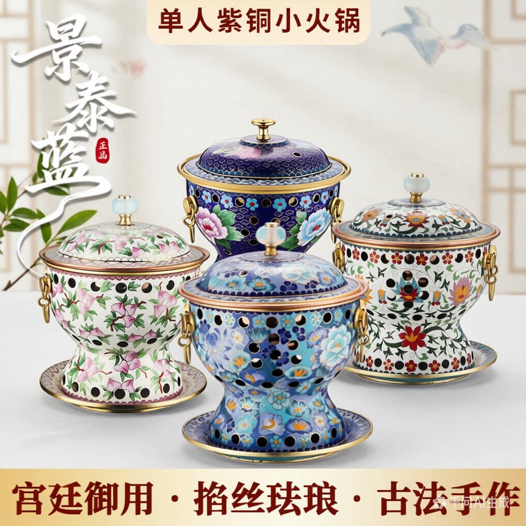 真.景泰蓝单人铜火锅掐丝珐琅高端紫铜家用环保油酒精一人一锅-淘宝