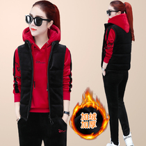 Winter gold velvet three-piece casual set womens 2021 New hooded loose plus velvet padded sportswear