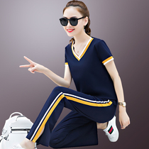 Wide leg pants sports suit women summer 2021 New Korean fashion v collar loose foreign style short sleeve casual sportswear