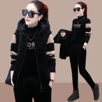 Plus velvet padded three-piece set womens 2021 Winter new Korean fashion hooded waistcoat casual suit