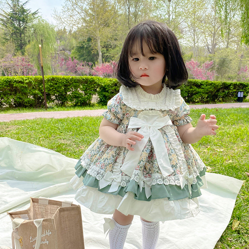 Girls Floral Lolita skirt 2021 summer new cake skirt children's female baby short-sleeved princess dress