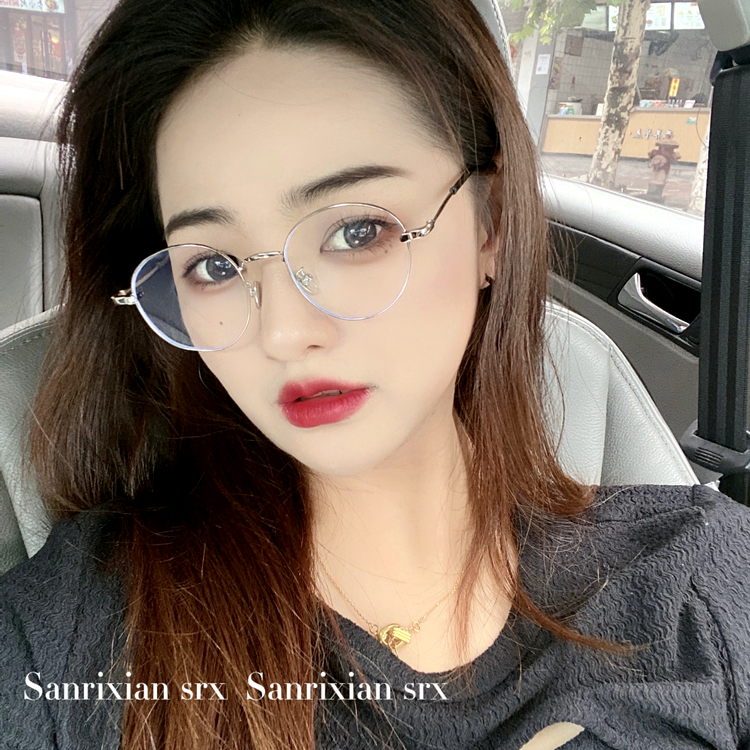 3rd Fresh retro metal round frame flat mirror 100 lap reduction age Anti-blue light glasses Literature and art silver frame Youth round face wave