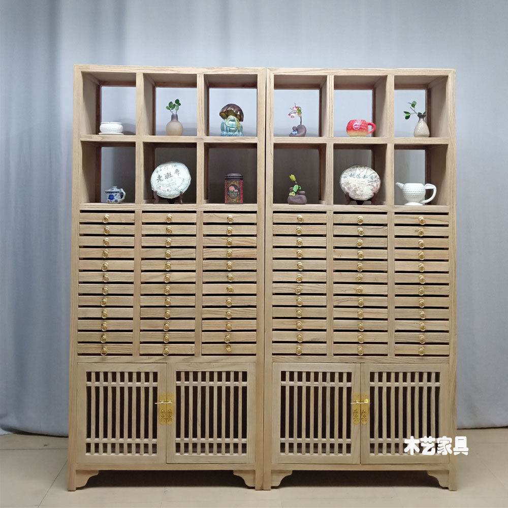 Old elm Pu'er tea cabinet tea cake cabinet drawer storage tea display cabinet rack solid wood paint-free partition