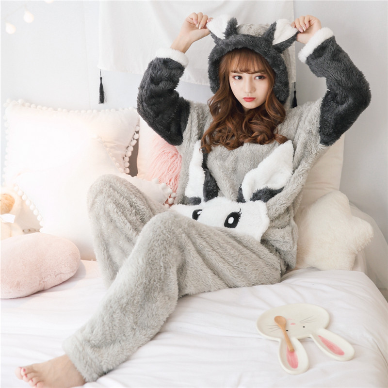 Mùa đông dày da cừu đồ ngủ nữ dài tay phim hoạt hình trùm đầu san hô lông cừu lỏng dễ thương dịch vụ nhà sinh viên phù hợp pijama nam