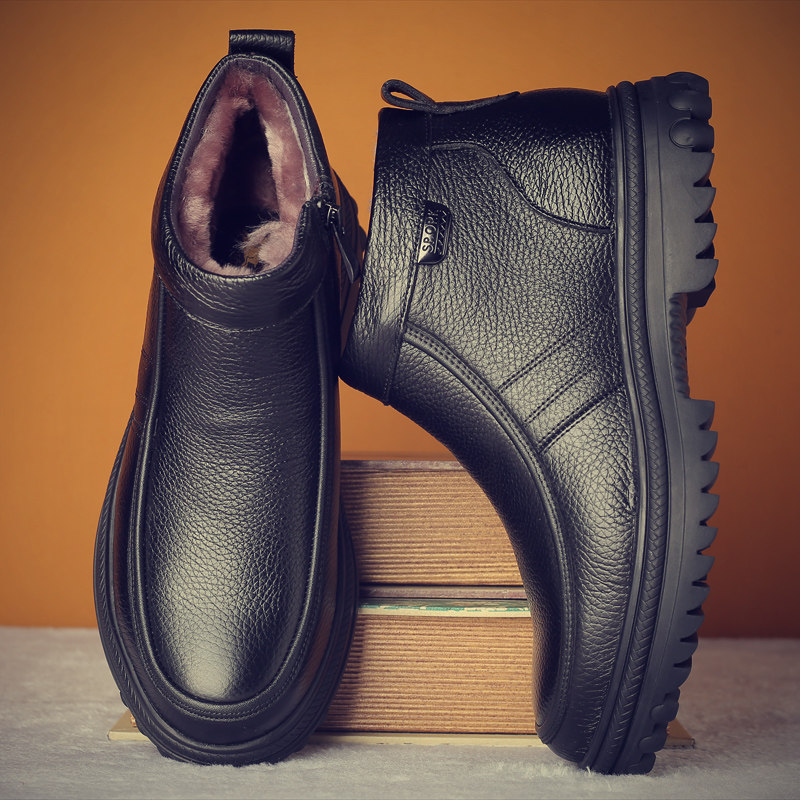 Cotton Shoes Men Winter New Genuine Leather Middle Aged Dad Cotton Shoes Plus Suede Warm Wool Thick Bottom Non-slip Snowy Boots