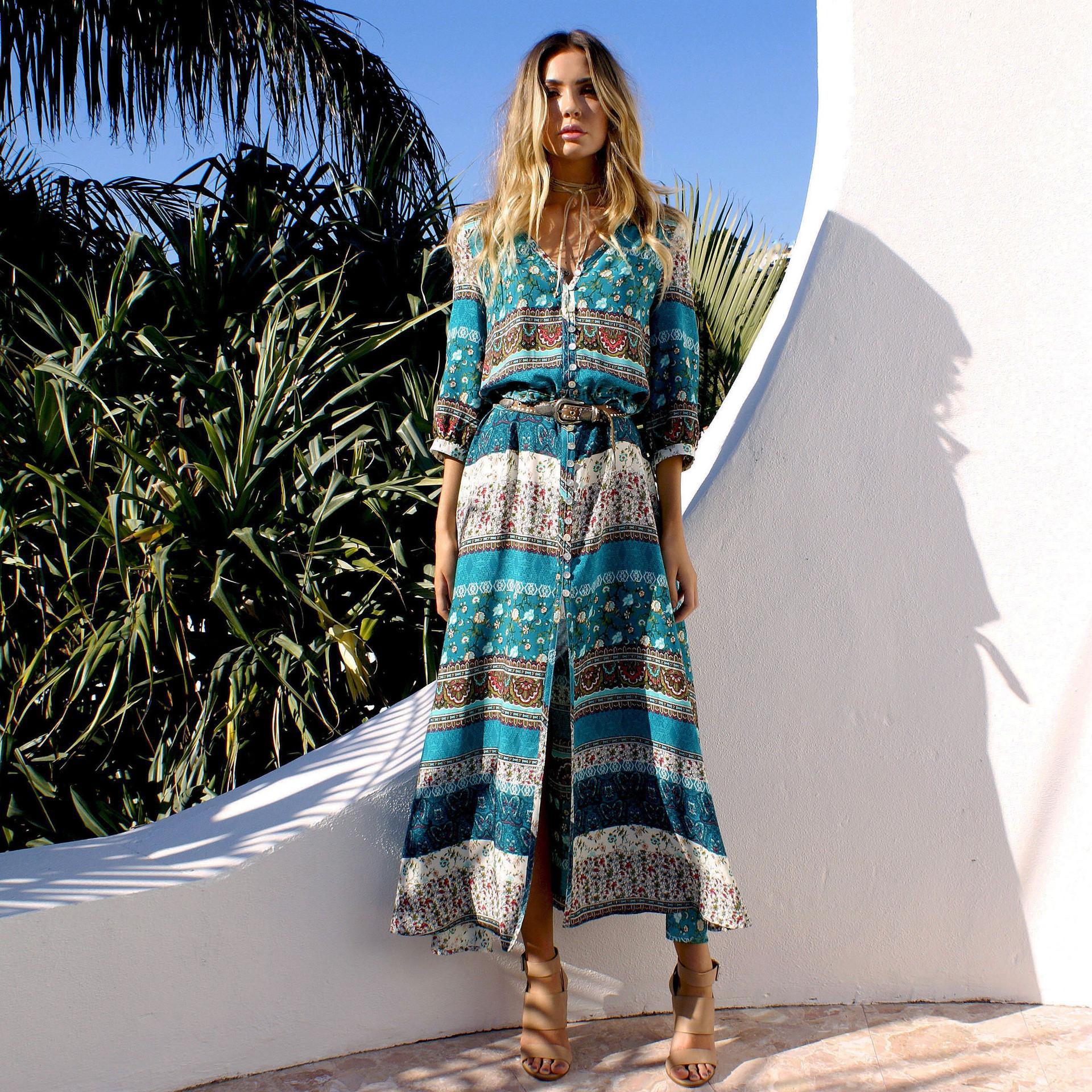 print breasted beach resort long dress NSJRM60065