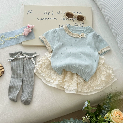 Милый комплект, трикотажная кружевная футболка с коротким рукавом для девочек, юбка