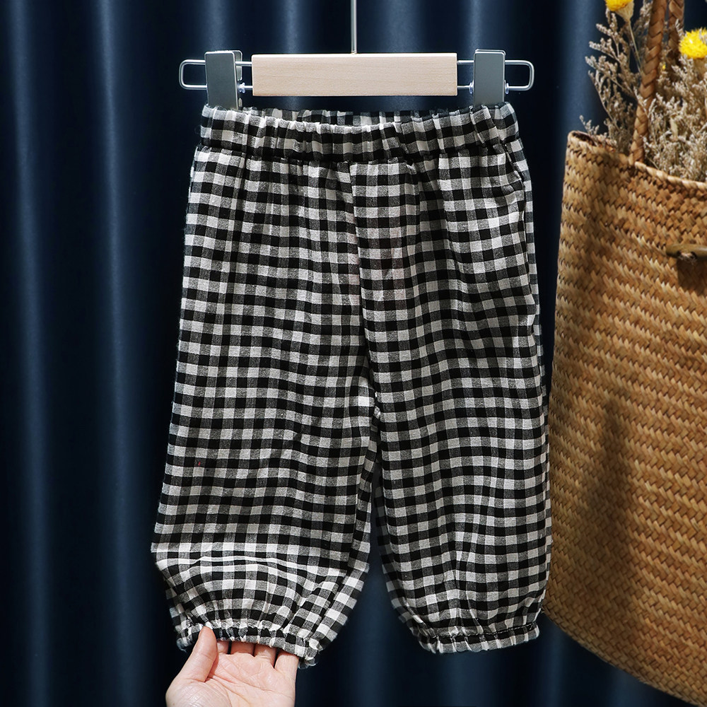 Baby anti-mosquito pants girls pants summer thin baby cotton linen plaid summer child girl tide spring and autumn children foreign pie