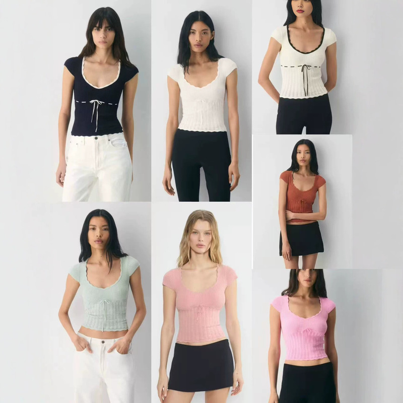 Aritzia Lace Chanel-Style Pure White V-Neck Short-Sleeve Women's Slim-Fit Waist-Cinching Knit T-Shirt Top for Women