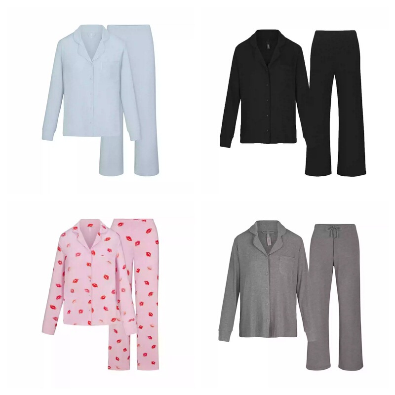 Skims Kardashian Style Pajama Set, Pure Cotton Long-Sleeved Long Pants Loungewear, Can Be Worn Outside, Casual Pants