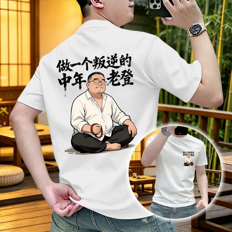 New Summer Style Men's Pure Cotton T-Shirt with a Fun Print for a Rebellious Middle-Aged Look, Loose Casual Top