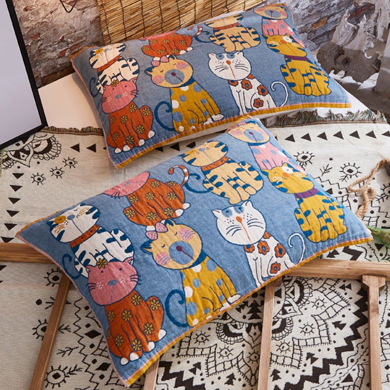 Aglaia high-grade cotton pillow towel a pair of three-layer gauze cotton male and female students blue cat single pillow towel