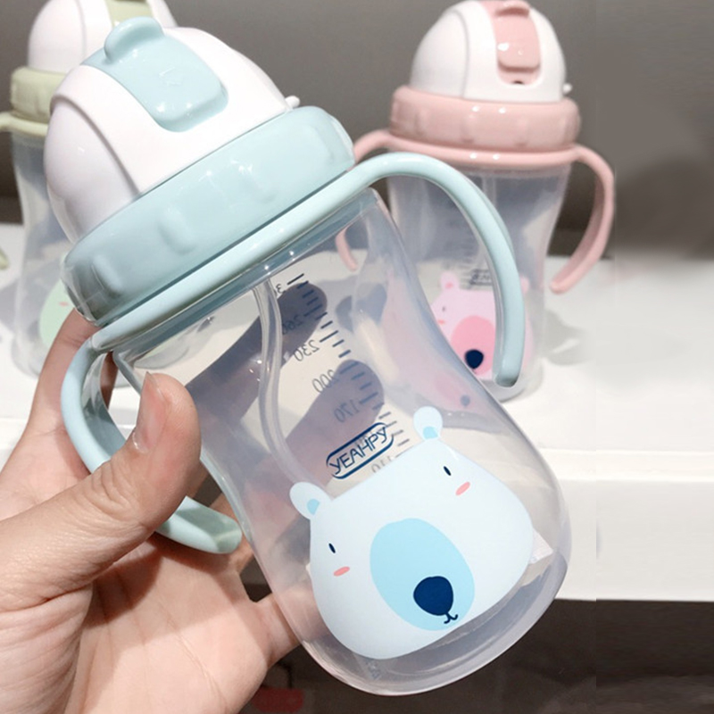 Primary school children's handle straw cup cute baby learning to drink cup kettle leak-proof anti-fall with scale 300ml