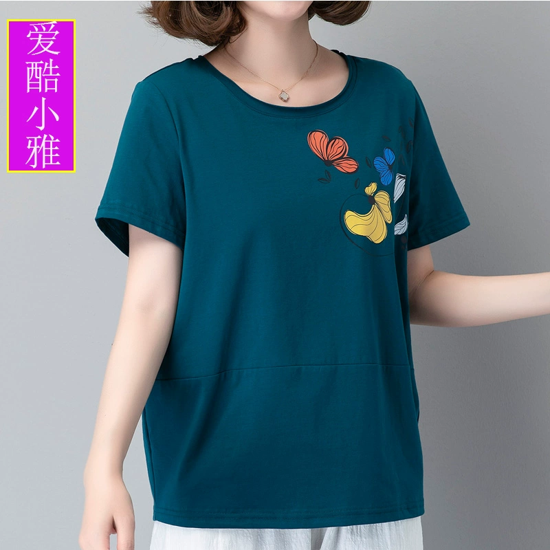 Mùa hè năm mới cotton nguyên chất của phụ nữ áo thun hoa ngắn tay Áo sơ mi nữ size rộng cho mẹ trung niên áo sơ mi 2020t - Áo phông