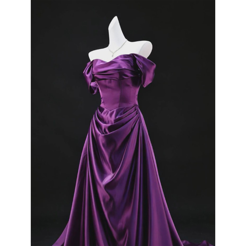 Purple Satin Evening Dress 2026 New Style Off-Shoulder Engagement Gown Elegant Host Vocal Performance Outfit Purple Satin Evening Dress 2026 New Style Off-Shoulder Engagement Gown Elegant Host Vocal Performance Outfit