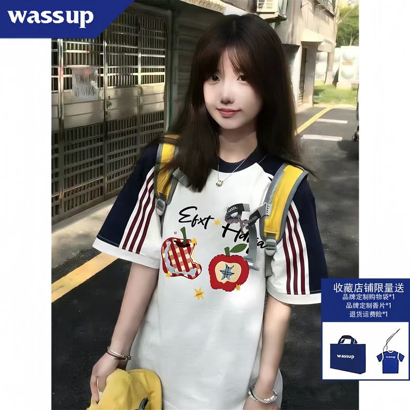 Wassup American-Style Three-Stripe Raglan Color-Block Short-Sleeve T-Shirt for Girls, Suitable for Middle and High School Students, Loose Fit Top