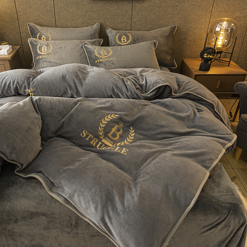 Winter Thickened Milk Fluff Suede Four Pieces Warm Beds Bedding Coral Suede Quilt Cover Double Sided Flannel Linen