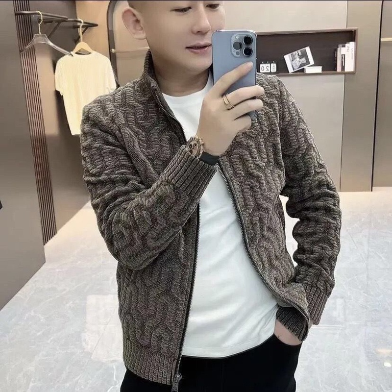 2024 Autumn and Winter New Men's Jackets High-End Warm Jackets Fashionable Versatile Trendy Cardigan Jacquard Outerwear
