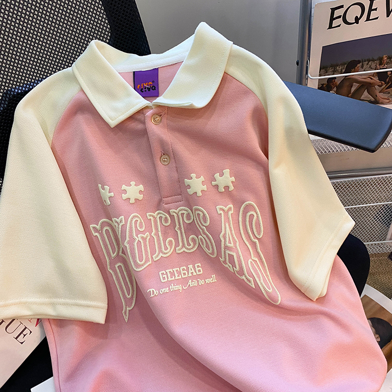 Csvq Creative Embossed Letter Loose Lapel Pink Polo Shirt Short-Sleeved T-Shirt for Women Summer Sweet and Cool Top