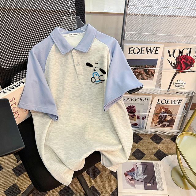 CSVQ fun dog printed color-blocked raglan sleeves slim polo collar short-sleeved T-shirt men and women's casual tops summer