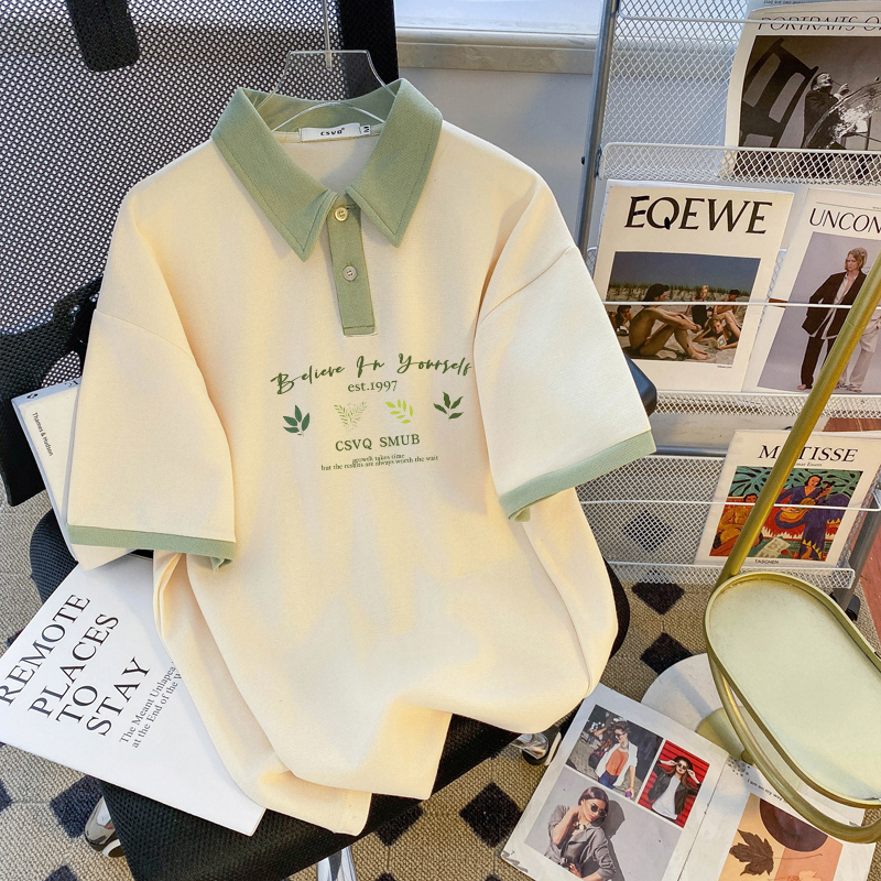 Csvq Original Leaf Print Green Polo Collar Color-Blocked Short-Sleeved T-Shirt for Men and Women, Loose College Style Couple Tops