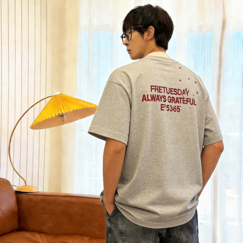 Summer Star Print Round Neck Short-Sleeved T-Shirt for Boys, Large Size, Extra Large, Loose Fit, Gray Half-Sleeve, Trendy