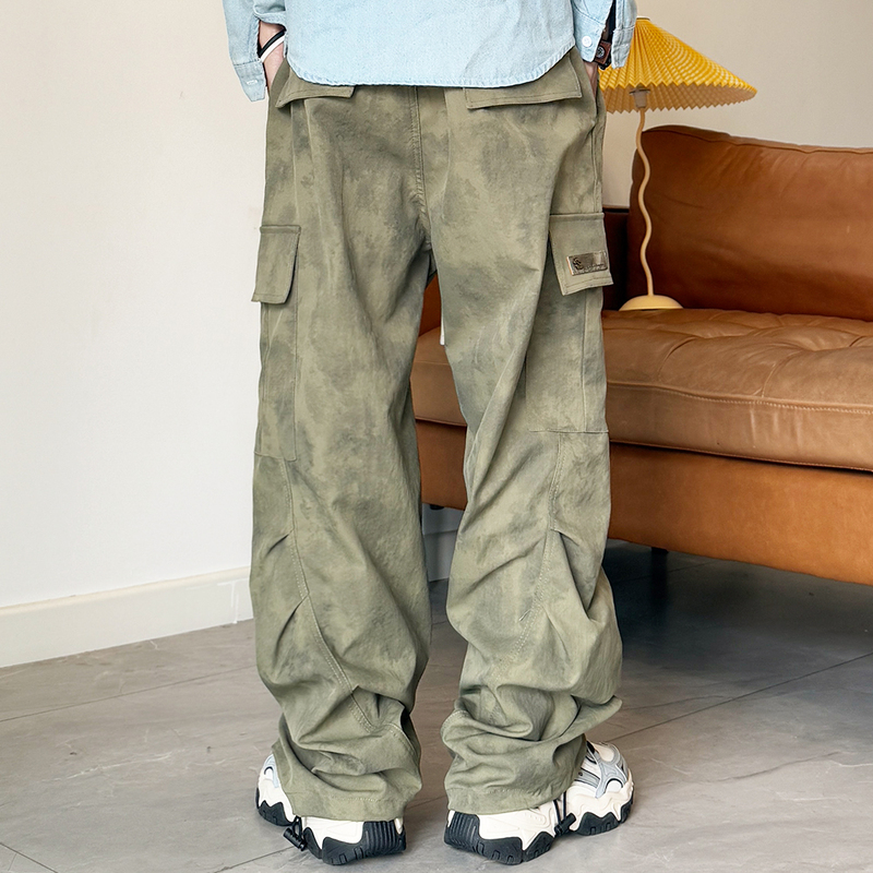 Tie-Dye Army Green Camouflage Cargo Pants for Men, Large Size Early Autumn Straight-Leg Pants, Extra Large Loose Casual Scimitar Pants
