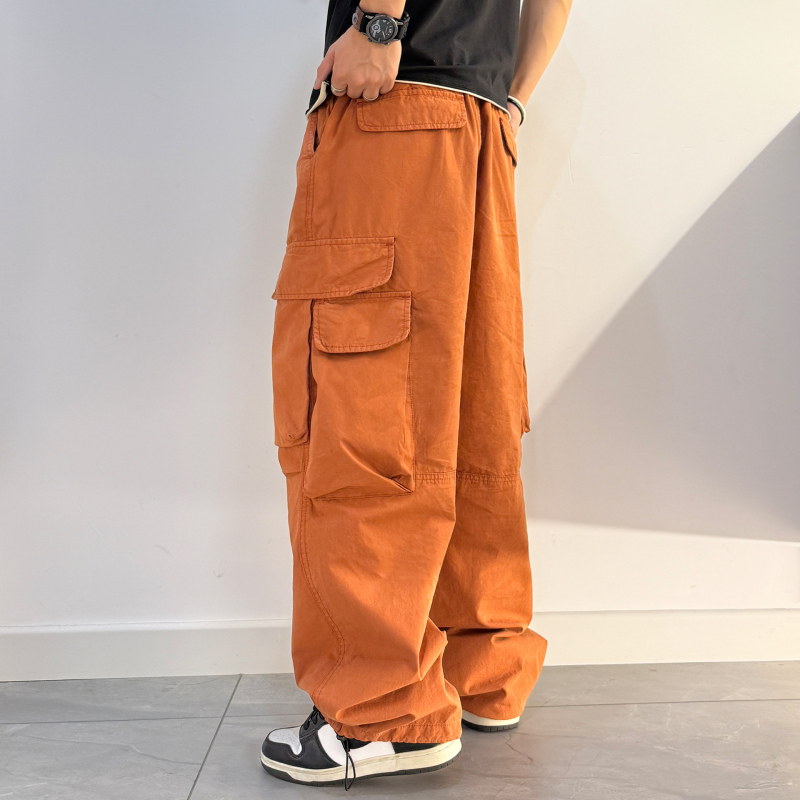 2026 Autumn Orange Multi-Pocket Cargo Pants Men's Large Size Straight Leg Pants Extra Large Cuffed Wide Leg Pants Trendy 2026 Autumn Orange Multi-Pocket Cargo Pants Men's Large Size Straight Leg Pants Extra Large Cuffed Wide Leg Pants Trendy