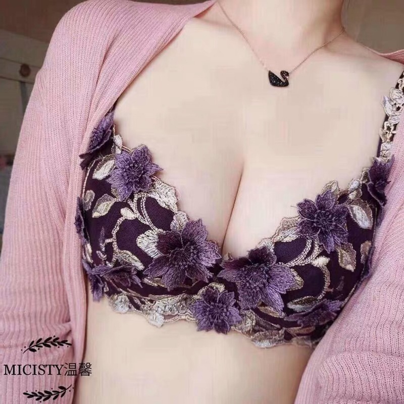 Micisty Lingerie Petal Style Purple-Green Sexy Push-Up Pure Cotton Thin Bra Set for Women Genuine Product