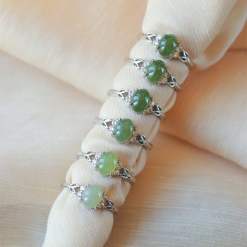 Natural hetian jade silver-plated stud inlay ring