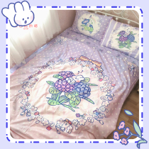 The cat × Soft Cute Rabbit Pure Cotton Four Pieces of Soft Cute Rabbit Pure Cotton GARDEN Flowers Embroidered with Cute Bed Pint Light Purple