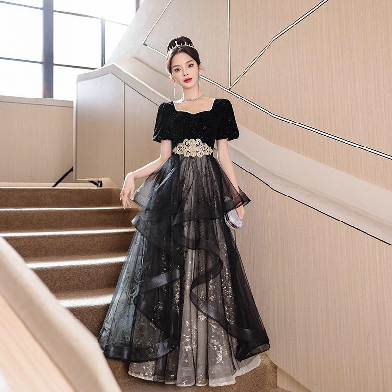 Black Plus-Size Evening Dress for Women 2025 New Style Banquet Elegant High-End Light Luxury Niche Host Dress