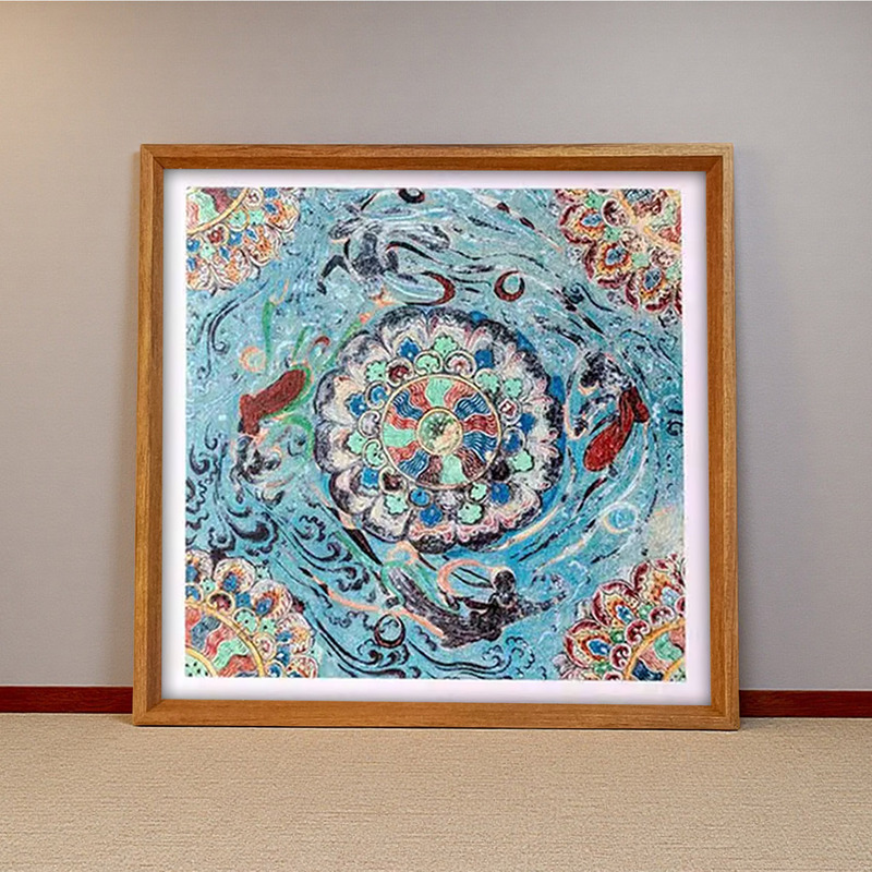 Dunhuang Mural Puzzle Frame 44.5*44.5 cm 900 Pieces Lotus Flying Celestial Figures Square Solid Wood Puzzle Frame