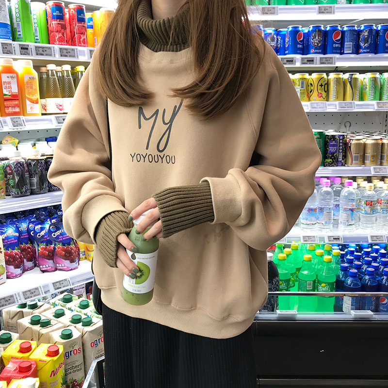 Knitted high collar thick cotton T new lady autumn and winter models Korean version letters easy and fake two blouses with velvet thickened bf tide