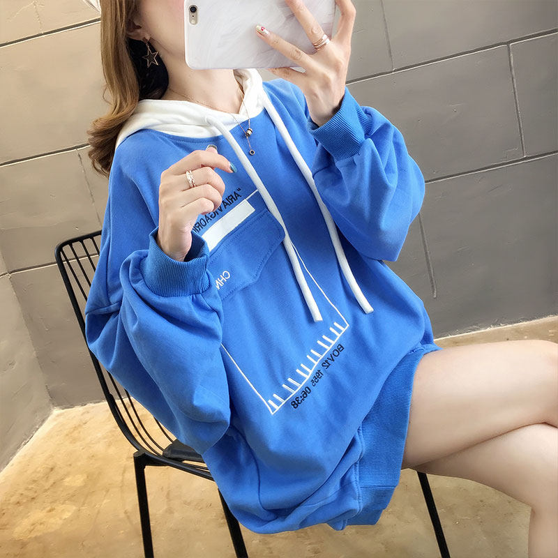 ins tide sweater women's spring and autumn thin section 2019 new loose super fire cec pocket stitching hooded top medium-long version
