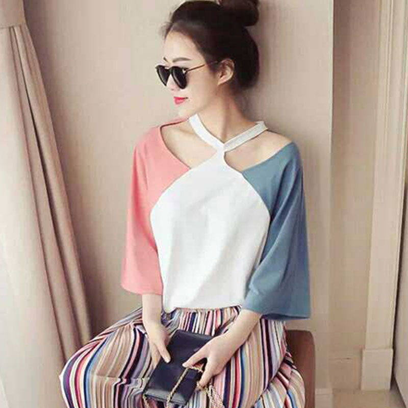 Treasure Mother 2019 New Summer Dress Splicing Intercolor Short Sleeves Leak Shoulder Collarbone Hanging Neck Blouse T-shirt T-shirt Female Tide