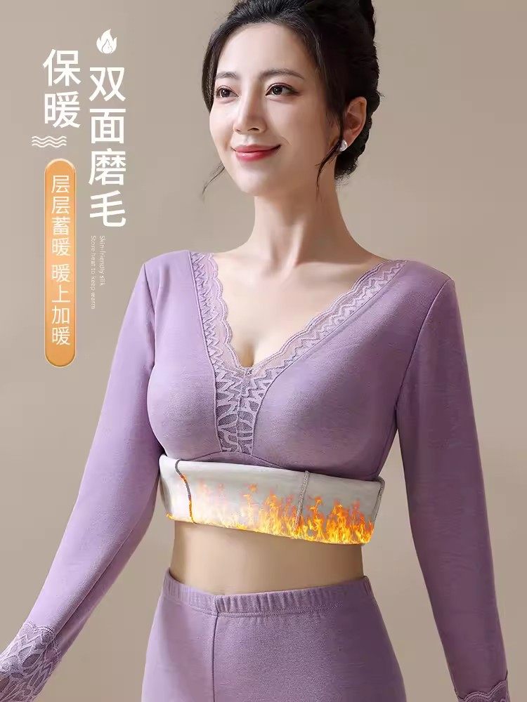 Duvet self-heating thermal underwear female gush with chest cushion cashmere silk undershirt lace V collar goddess autumn clothes-Taobao