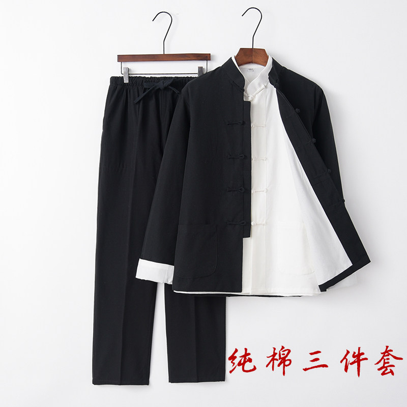 Pure cotton coarse cloth Tang dress Male long sleeve suit Spring and autumn jacket Dad clothes Chinese style Han clothes meditation Costume China Wind