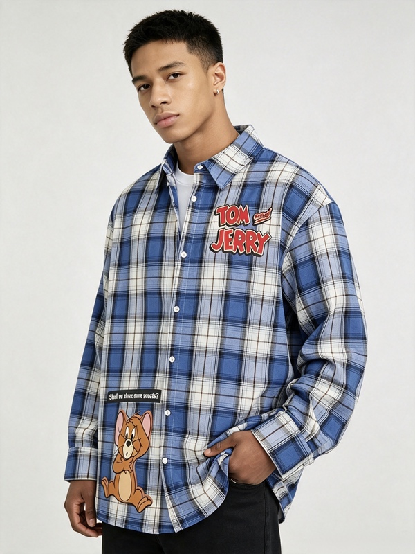 American Street Style Couple Retro Spring and Autumn Loose Plaid Shirt Tom and Jerry American Street Style Couple Retro Spring and Autumn Loose Plaid Shirt Tom and Jerry
