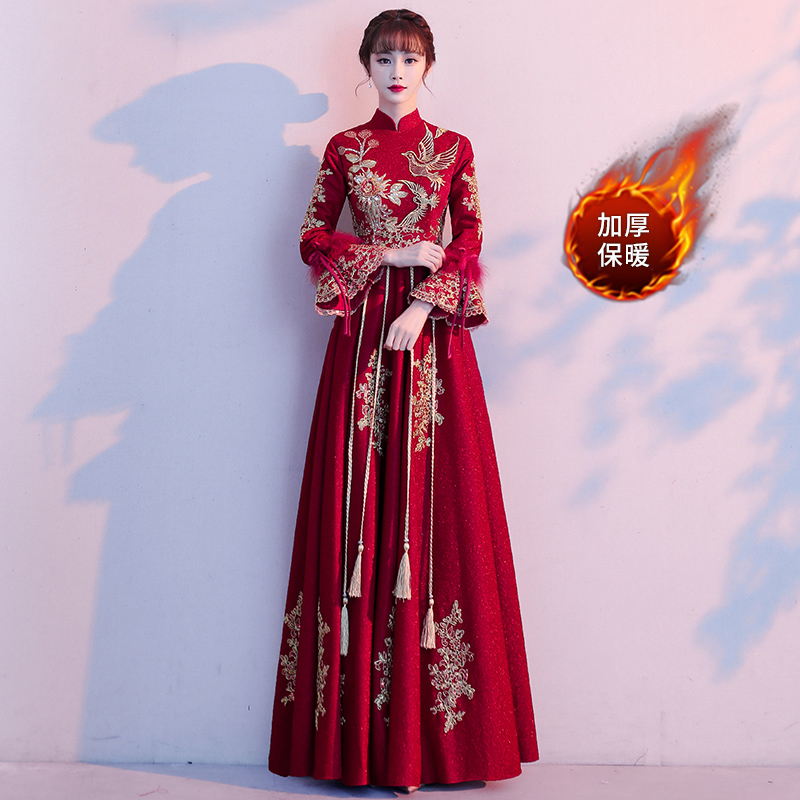 Toast to the bride 2022 new winter wine red back door temperament Chinese qipao engagement wedding gown skirt dresses